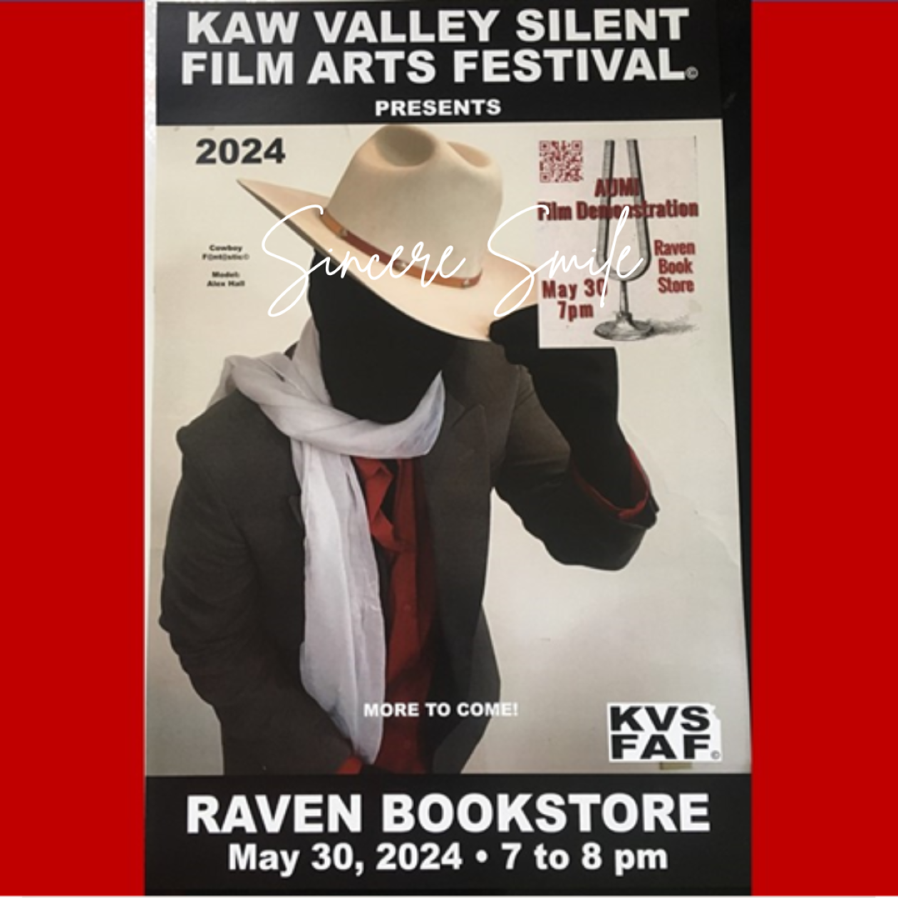 Dark figure with a cowboy hat and scarf, tipping hat to reader, Details about the Kaw Valley Film Festival Raven Bookstore May 30, 7:00pm