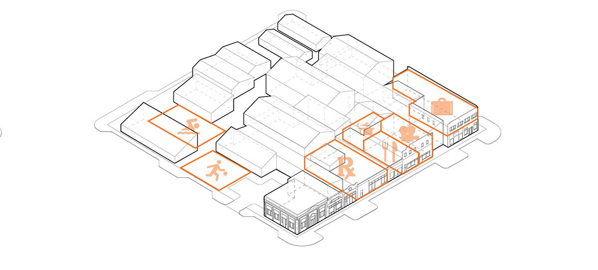 Illustration showing how demolition of certain buildings and new construction of others could bolster a small-town main street.