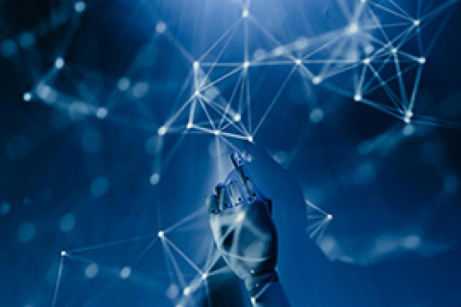 A robotic hand interacting with a digital network of interconnected nodes against a blue background.