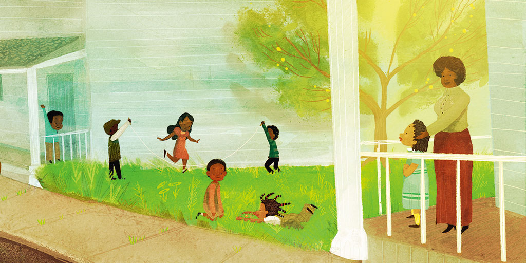 Illustration from “Small-Girl Toni and the Quest for Gold” (Viking Press/Penguin Random House). Watercolor of children skipping rope, playing in sunny yard next to house with front porch, big tree.