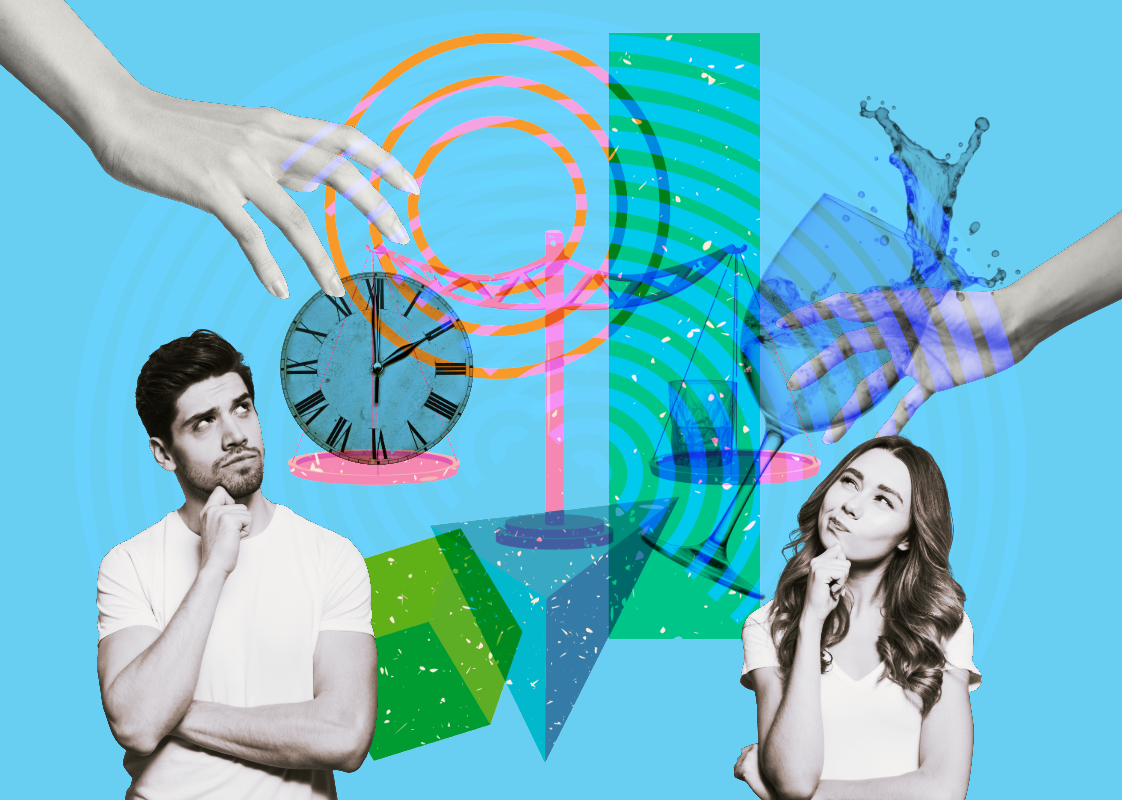 A man and a woman are thinking while looking at a scale with a clock on one side and a drink on the other side