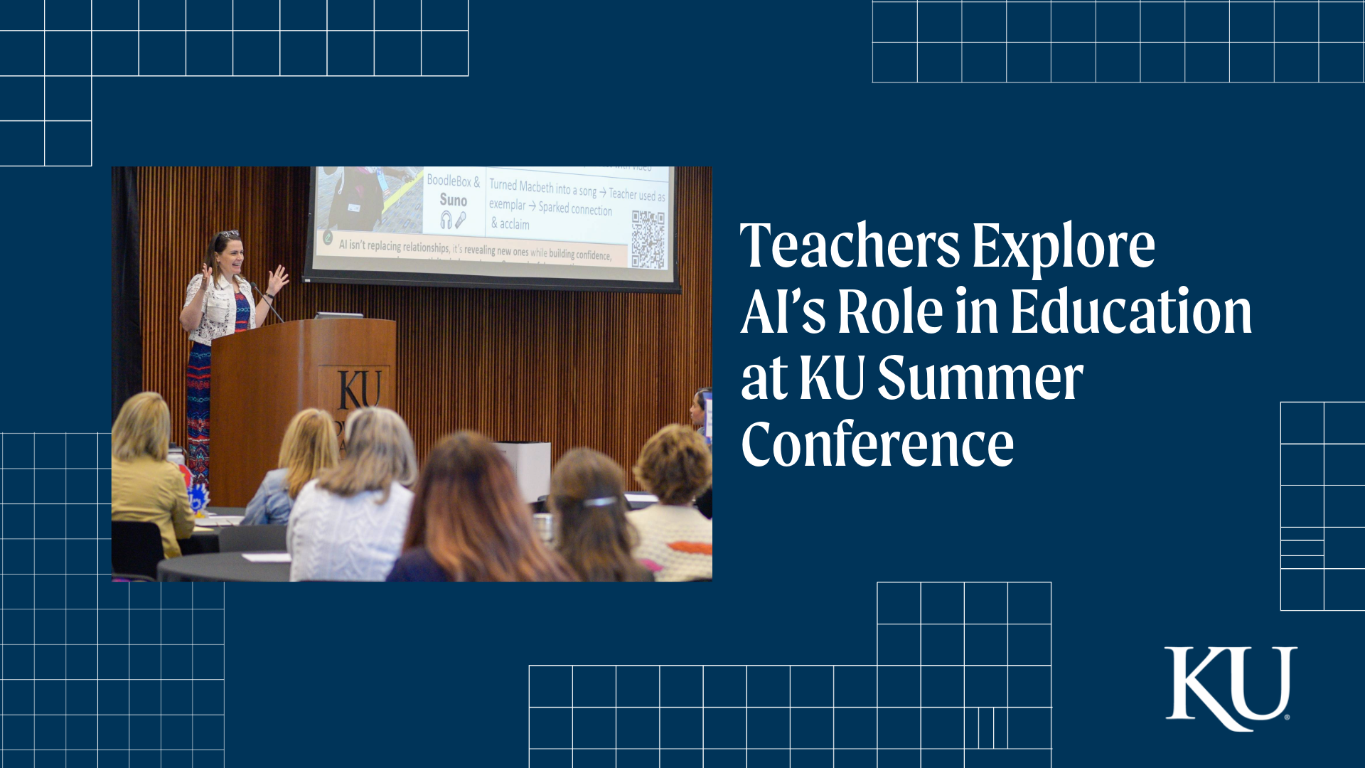 Social Card: Text -- Teachers explore AI’s role in education at KU summer conference. Image -- Maggie Mosher, assistant research professor with the Achievement & Assessment Institute, speaks to a crowd of teachers as this year's Strategies for Educational Improvement Summer Conference.