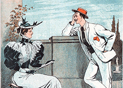 Danish "Puk" magazine illustration, man and woman talking, 1894, via WikiCommons