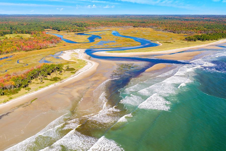 An aerial photo of Little River estuary in Wells Estuarine Reserve, Maine.