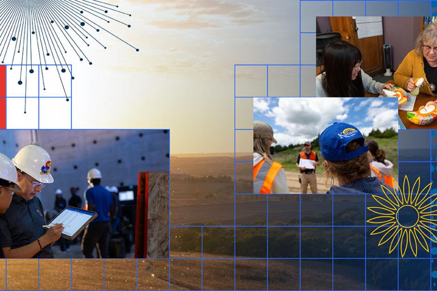 Collage of images showing researchers in an engineering laboratory, researchers on a Kansas roadside, and researchers in a KU faculty office. A Kansas prairie creates a background for the images.
