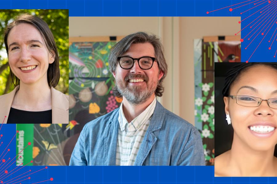 A combined graphic with headshots of three KU faculty members - Georgina White, Jeremy Shellhorn and Dorothy Hines.