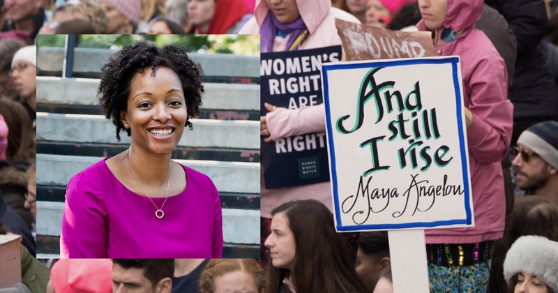 Photo montage with Professor Ayesha Hardison and "And still I rise sign" in crowd