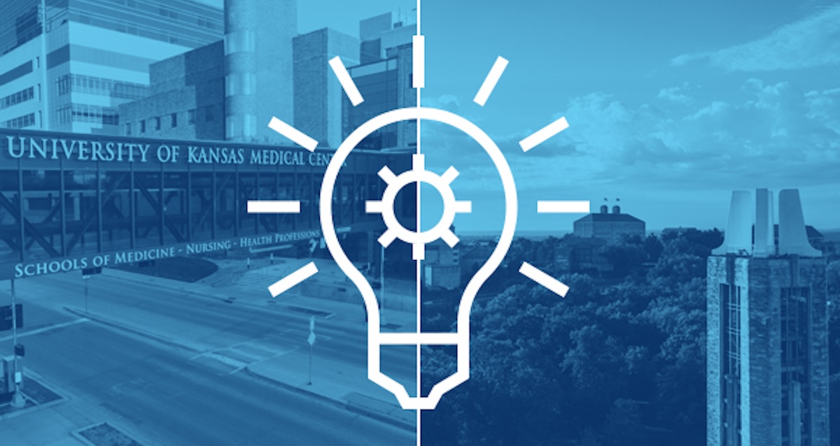 light bulb drawing over KU Medical Center and Lawrence campus landscapes