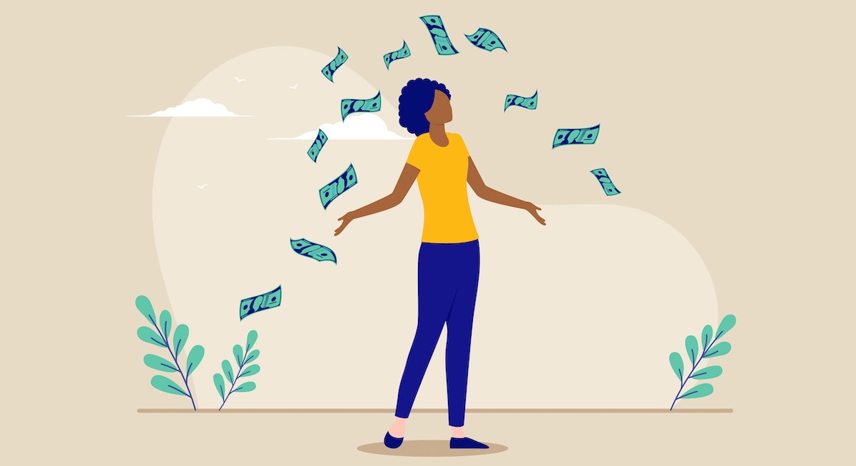 An illustration depicts a black woman being showered by dollar bills.