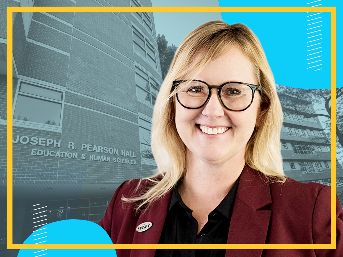 Amy McCart is shown with the Joseph R. Pearson Hall at KU in the background