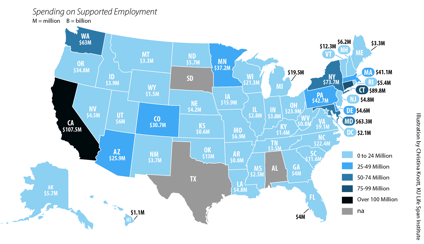 U.S. map showing spending on supported employment