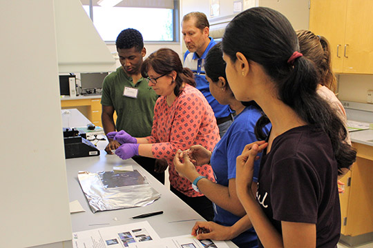 Maggie shows the group how to place PEEK tubing into the inlet and outlet holes they drilled into their chips.