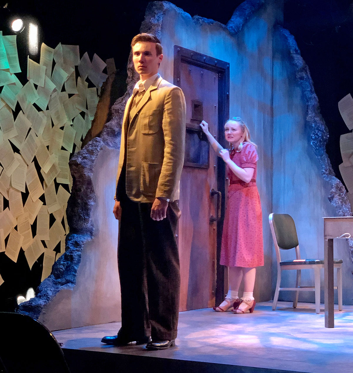 Jordan Luty (left) is Hans Scholl and Morgan Lynn is Sophie Scholl in “The White Rose.” Credit: Courtesy of The Coterie Theatre.