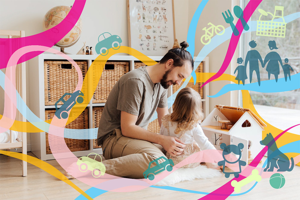A man and a girl playing with a dollhouse as she looks up at him. Colored lines wrap around with with images of story elements such as cars, toys, a dog and a family holding hands.