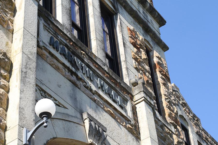 Detail of entrance of Marvin Hall, a stately limestone academic building at the University of Kansas
