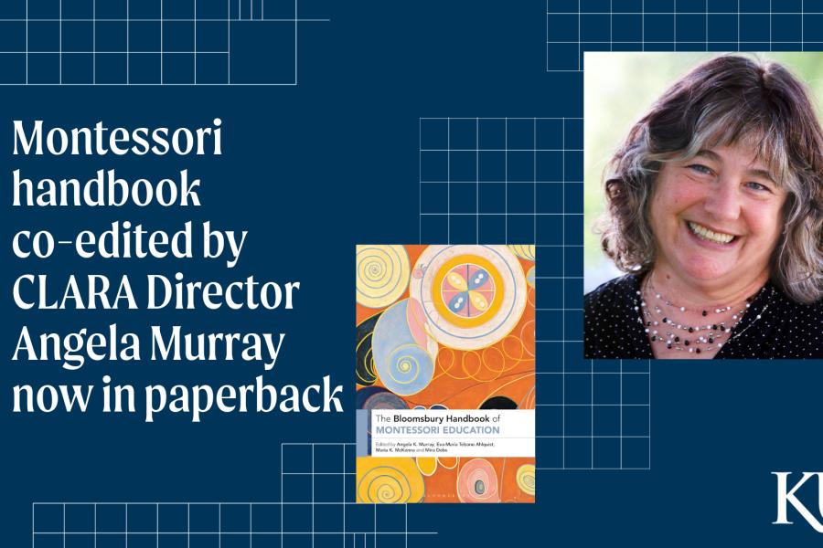 Image Card: Montessori handbook co-edited by CLARA Director Angela Murray now in paperback. Book cover and headshot of Angela Murray.