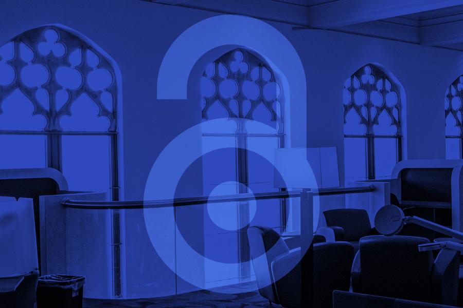 An open access logo superimposed over a shot of Watson Library's windows in blue.