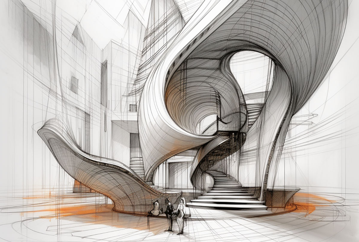 Curvy lines representing a building-design idea, created by an artificial Intelligence platform.