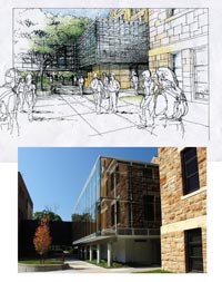 architectural sketch of Marvin Hall and photo of the finished project
