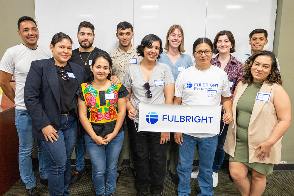 Group photo of University of Kansas 2023 Fulbright Foreign Student Program and four Fulbright Foreign Language Teaching Assistants.
