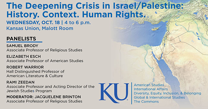 "The Deepening Crisis in Israel/Palestine" flier with panelist and moderator listings.