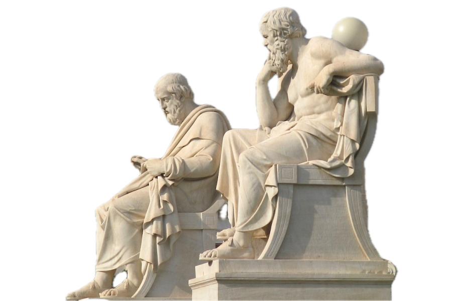 Statues of the philosophers Plato and Socrates are located at the Academy of Athens in Greece.