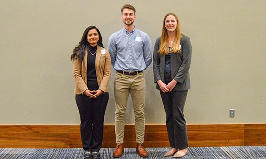 KU's 2023 3MT winners: From left are Payal Makhasana, doctoral student in civil engineering; Quentin Jarrell, master’s student in bioengineering; and Kara Hageman, doctoral student in bioengineering.
