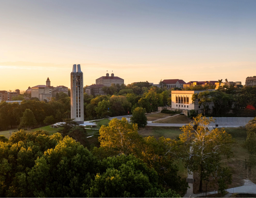 KU campanile, Fraser Hall, and the Spencer Library at sunrise