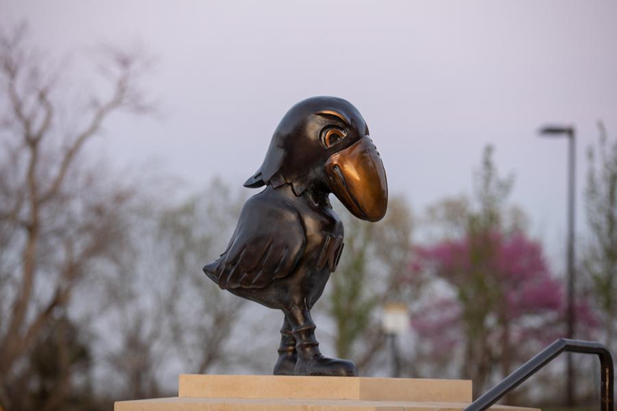 Jayhawk statue in early spring.