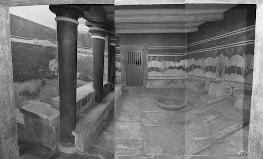 a composite photo of a throne room in the palace at Knossos on the island of create. The room includes a lustral basin and is believed to be a site of the ancient Minoan matriarchy that led a civilization on the island. 