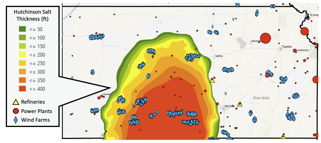 Map of Kansas showing thickness of the Hutchinson salt bed, power plants (red circles), wind farms (blue diamonds) and refineries (yellow triangles).