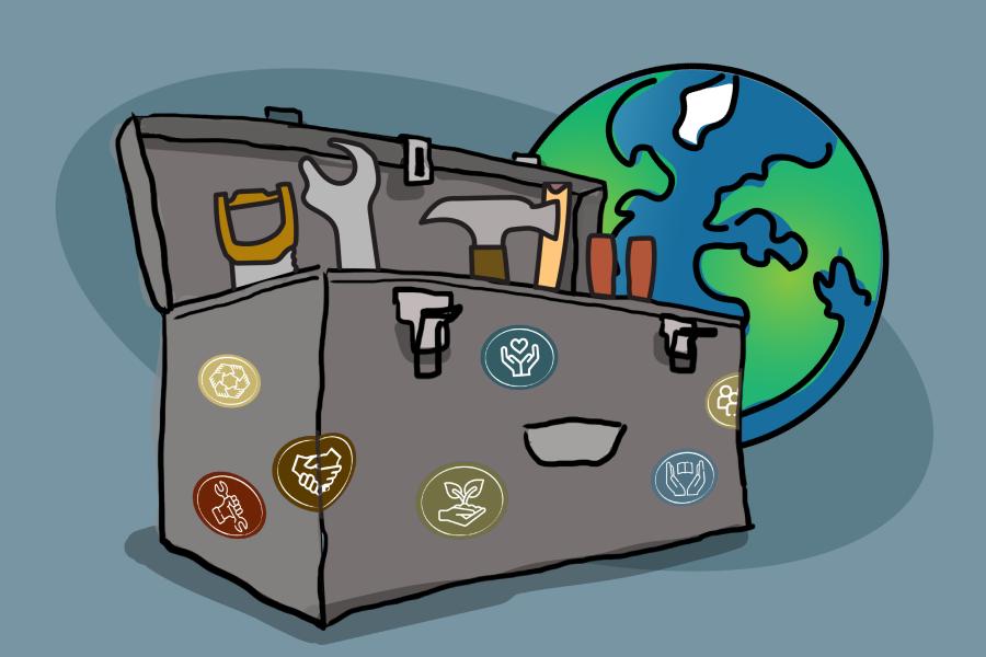 A toolbox with tools is positioned next to a globe