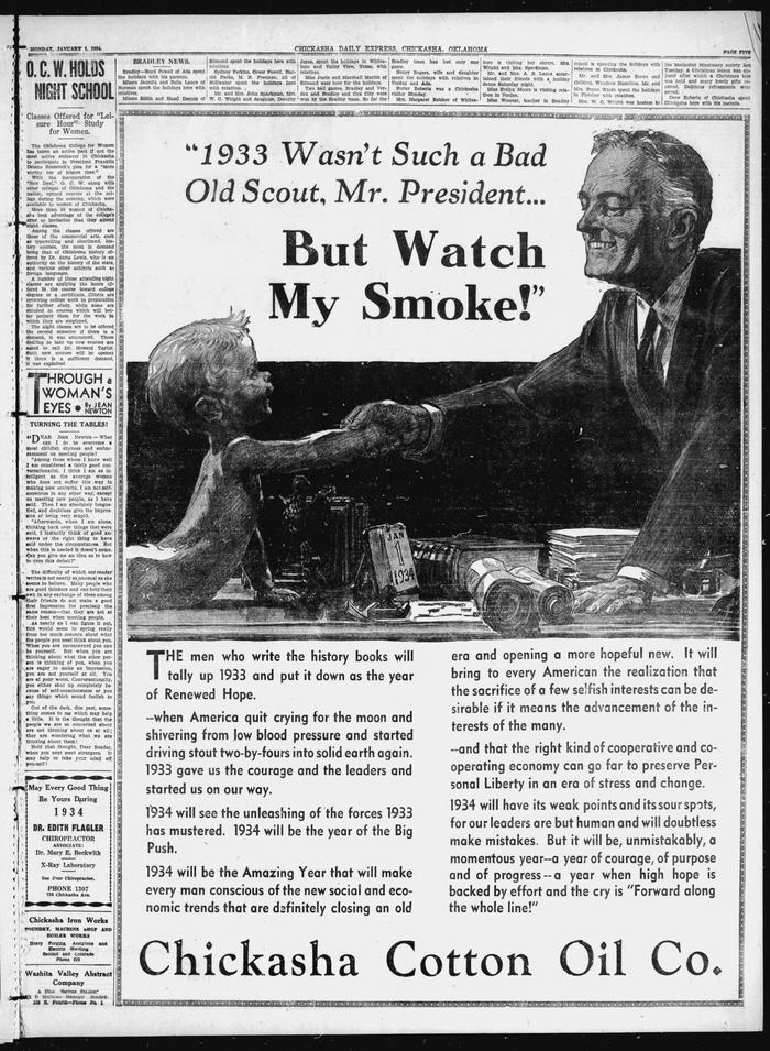 "But Watch My Smoke!" newspaper ad with FDR shaking hands with Baby New Year.