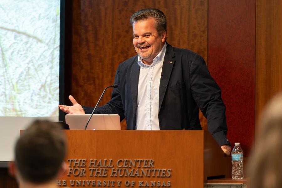 Ihor Lylo speaking at the Hall Center for the Humanities, April 15, 2024.