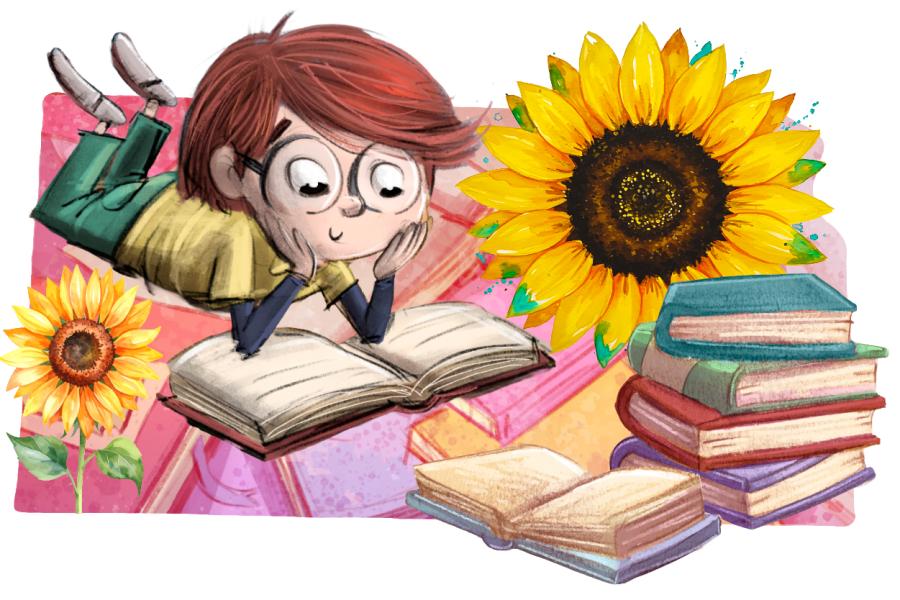 A boy reads a book with a background of the state of Kansas and a sunflower behind him.