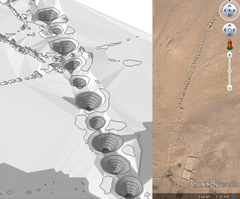 3D representation of a karez in southern Afghanistan, by M. Naglak (left); a karez as viewed in Google Earth (right).