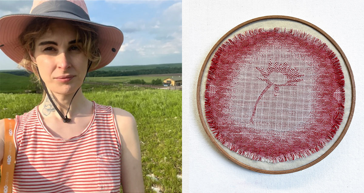 Woman in sun hat alongside a piece of art she has woven