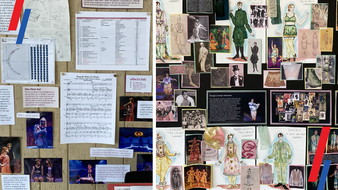 Sound design and costume design drawings, fabric swatches, sound cue sheet, and notes are among the ephemera shown hanging on a wall. These materials were used by students as their backdrop when talking with judges about their work.