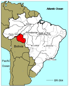 Map showing state of Rondônia in Brazil.