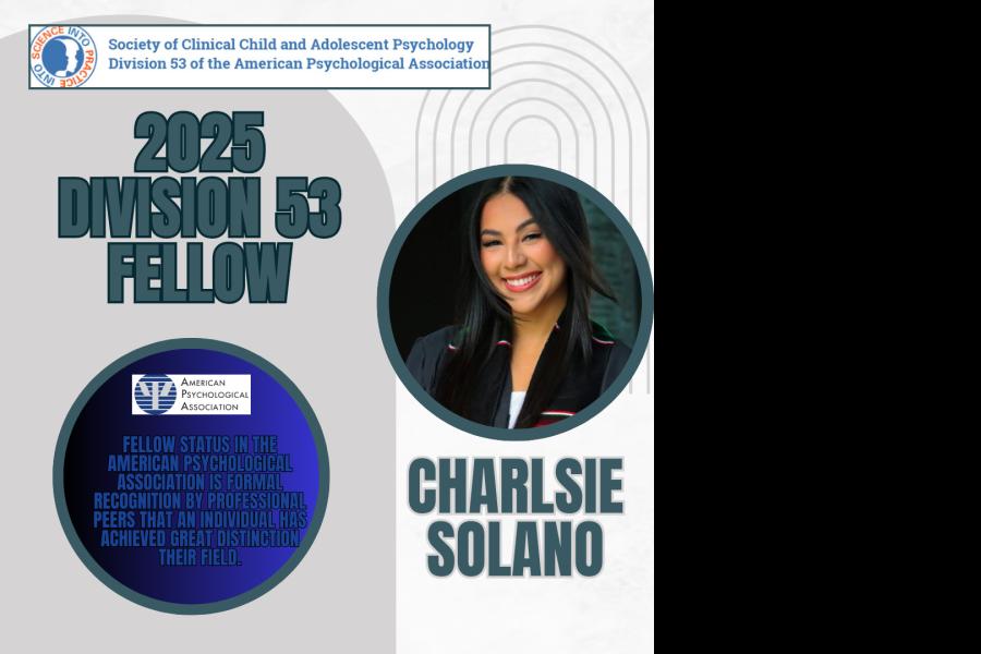 Photo of Charlsie Solano on a blue and grey background explaining her fellow status