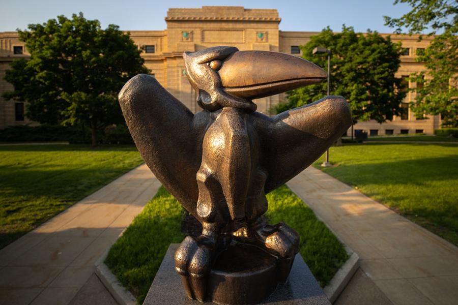 Jayhawk statue in front of Strong Hall