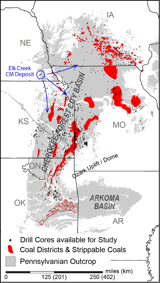 Map of Pennsylvanian outcrop belt showing former coal mine districts and near-surface strippable coals.