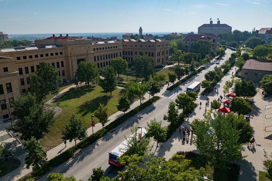 Strong Hall and Jayhawk Boulevard at the University of Kansas.