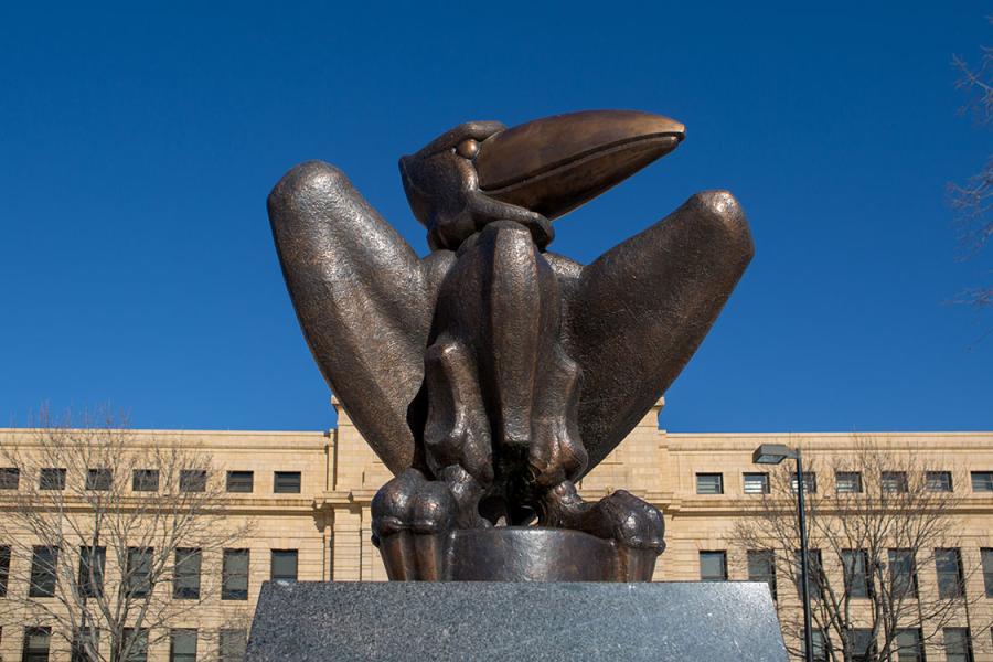 Academic Jay statue in front of Strong Hall