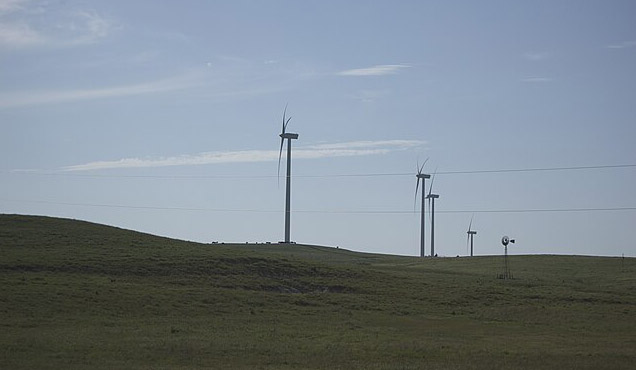 Wind farm in rural Kansas, clear sky