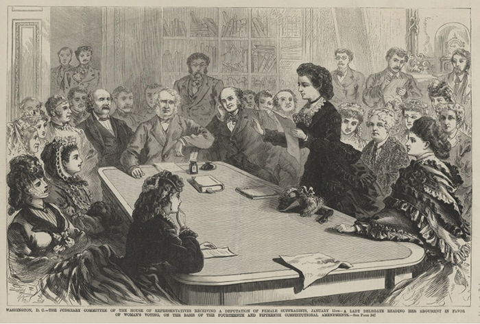 Illustration of Victoria Woodhull speaking to a congressional committee about women's voting rights.. Credit: WikiCommons