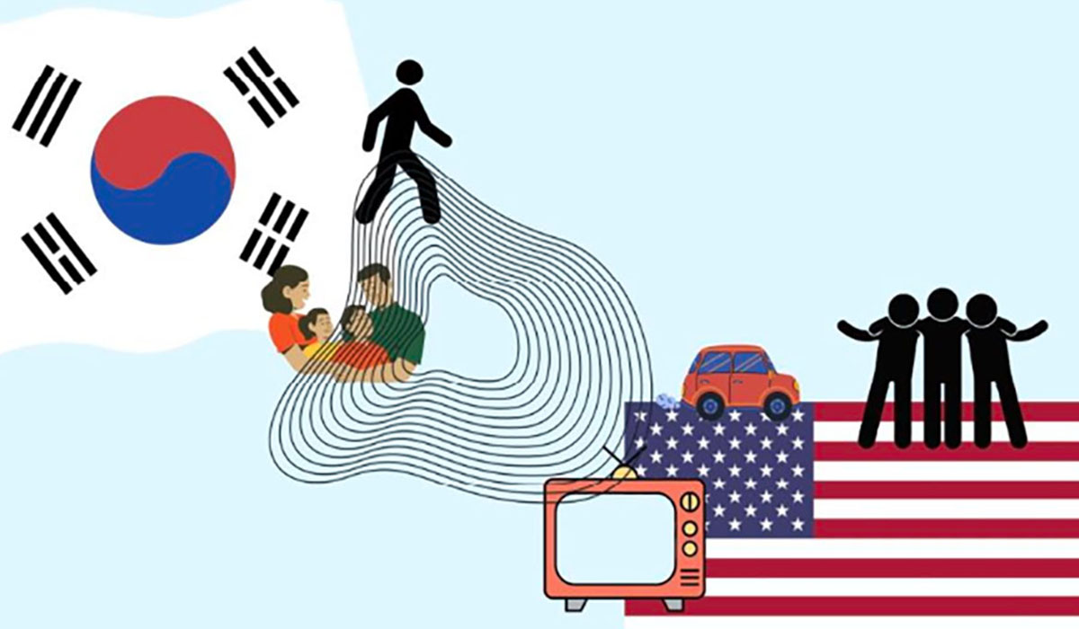 A student-created illustration examines the ties between their Korean and American identities, with human figures, a Taegeuk and. American flag, TV and car. .