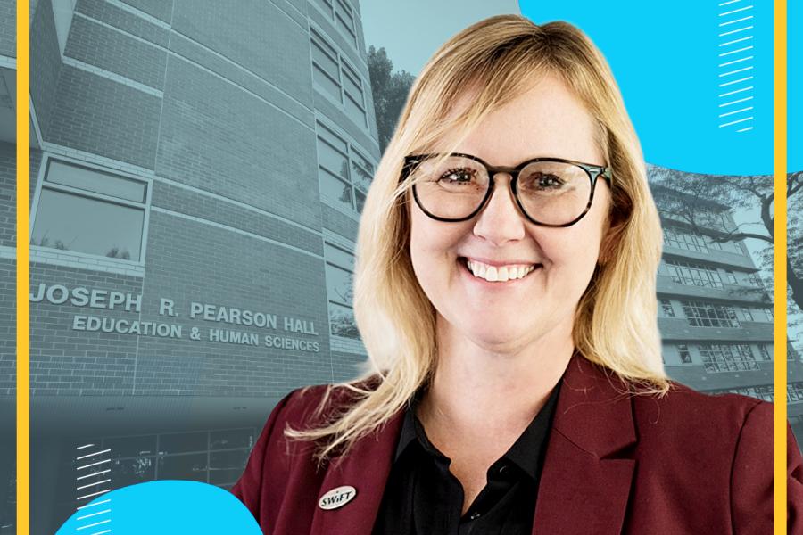 Amy McCart is shown with the Joseph R. Pearson Hall at KU in the background