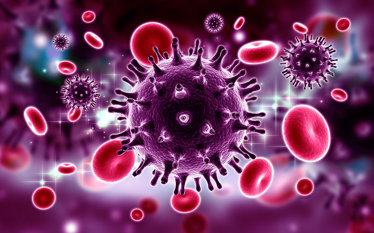 An image of an HIV molecule illustrating a study in which research found that the most at-risk populations for new HIV infections often discuss the topic in negative ways or promote risky behaviors on social media. They also tended to get the most attention of posts on the topic.