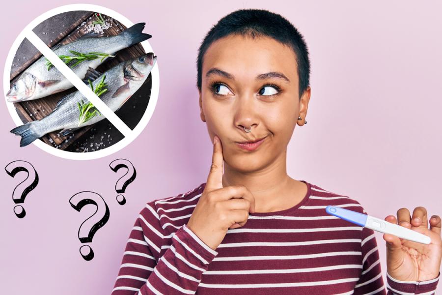 A woman with short brown hair holds a pregnancy test while looking at a fish dinner with question marks surrounding it